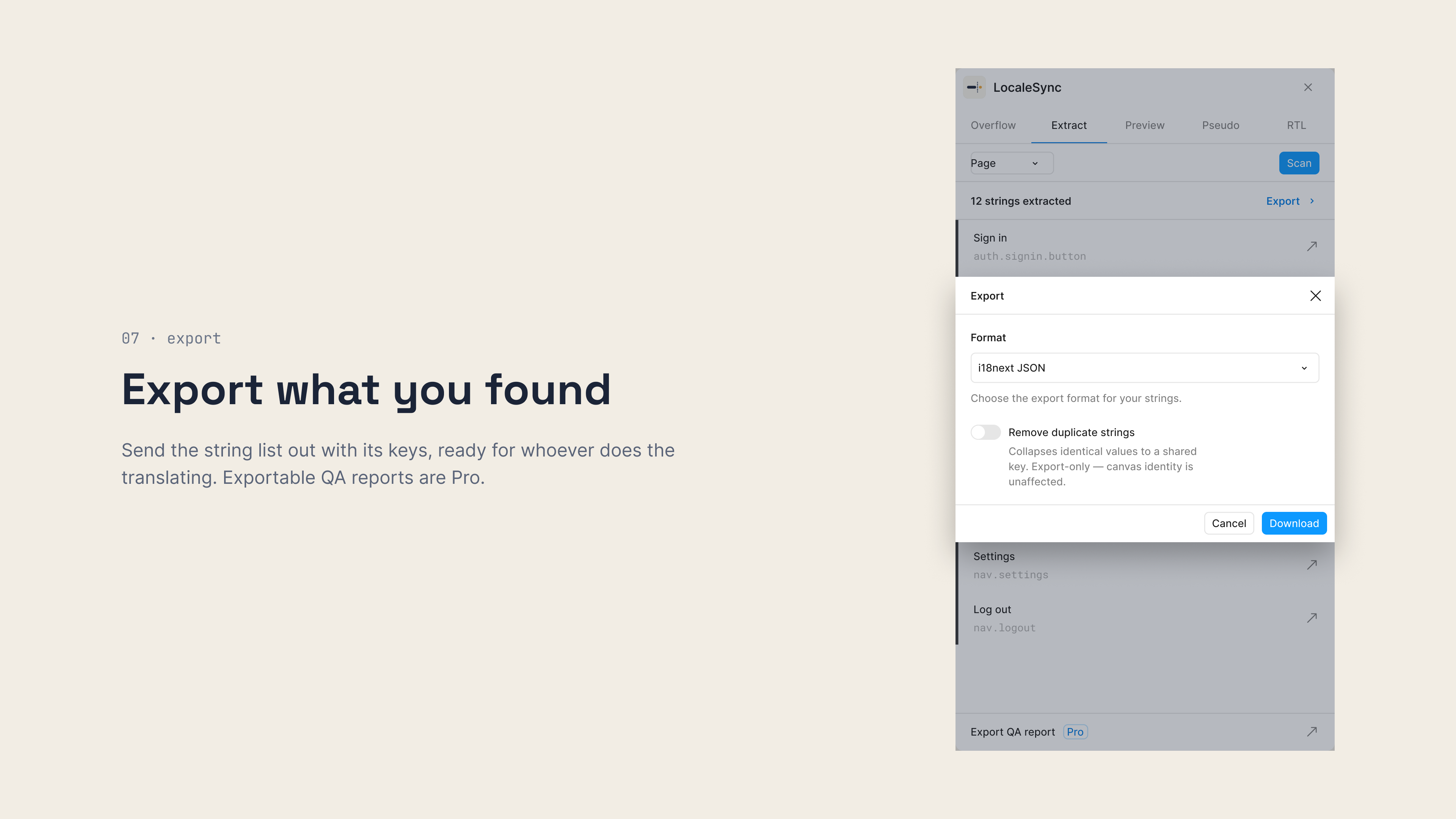 LocaleSync export modal over the plugin, with JSON, iOS and Android string formats.